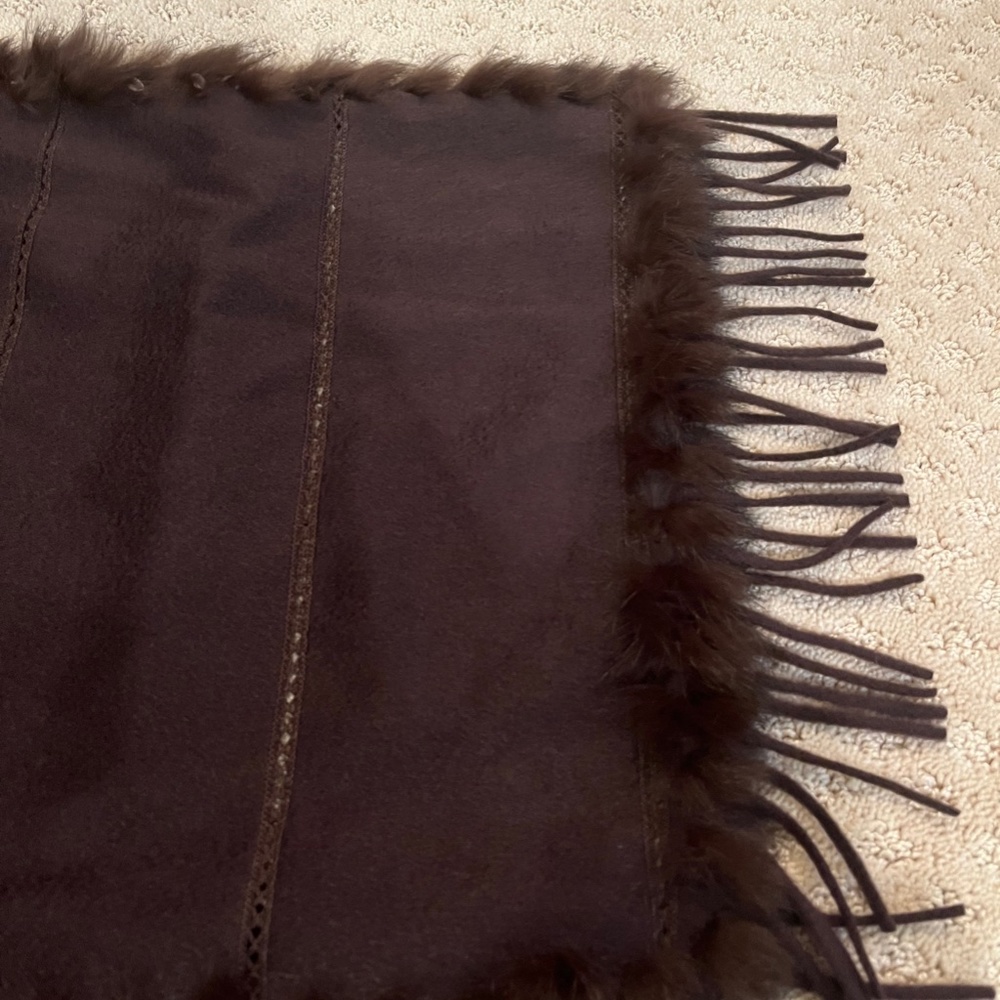 Vintage Italian Brown Cashmere Scarf with Fur and Fringe